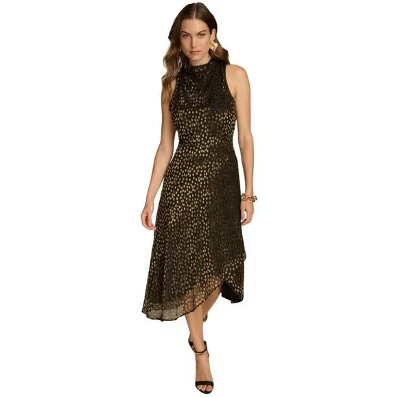 NWT Donna Karan Womens Burnout Velvet Sleeveless Midi Dress Black / Gold Multi 4